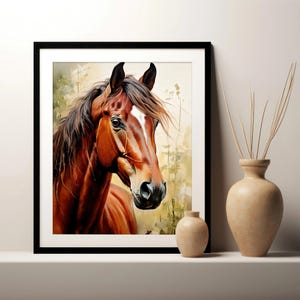 Bruin paard Art Print, digitale print, afdrukbare muurkunstposter, paardenschilderij, natuurhuisdecor download cadeau voor paardenliefhebber