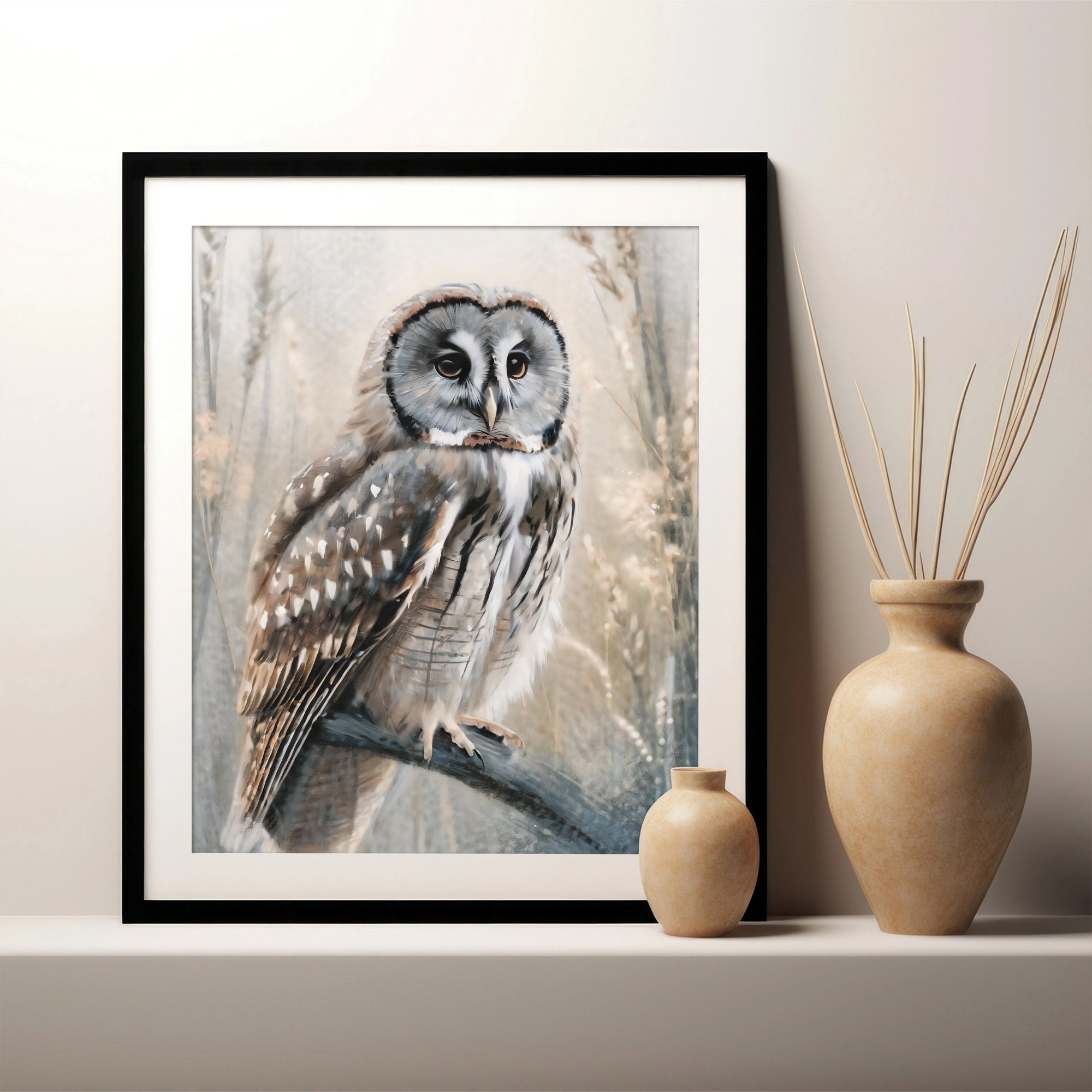 Great Gray Owl Art Print, Digital Print, Printable Wall Art Poster, Bird Painting, Winter Home Decor