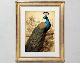 Descarga de arte imprimible de pavo real, impresión digital, póster de arte mural imprimible, pintura de aves, descarga de decoración del hogar