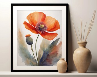 California Poppy Floral Art Print | Digital Print | Printable Wall Art Poster | Botanical Painting | Home Decor Download