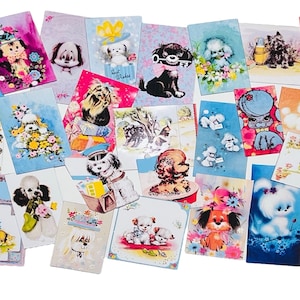 Lot de 25 cartes de voeux vintage numériques imprimables chiens et chiots - fichier PDF à téléchargement immédiat pour création de cartes, créations artisanales en papier éphémères