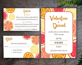 Orange Wedding Invitation Citrus Wedding Card Retro Wedding Invite Citrus Invitation Colorful Invite / Romanian Invitation French Invitation