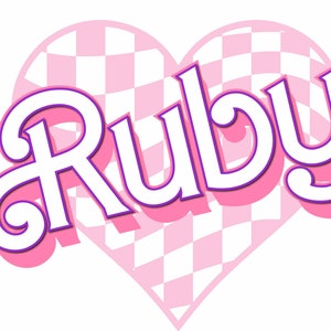 May include: A pink and white checkered heart with the word "Ruby" in white letters with a purple outline.