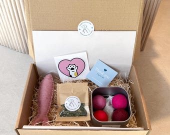 Katzenspielzeug Geschenkbox rosa | natürliches Filzspielzeug für Katzen | Katzen Liebhaber Geburtstagsgeschenk