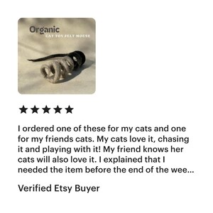 Op de afbeelding: Een organisch vilten kattenspeeltje in de vorm van een muis met een spiraalvormig, lichtgrijs lichaam en een donkergrijze staart. De tekst Organic CAT TOY FELT MOUSE staat in de linkerbovenhoek. Het speeltje heeft een zachte textuur.