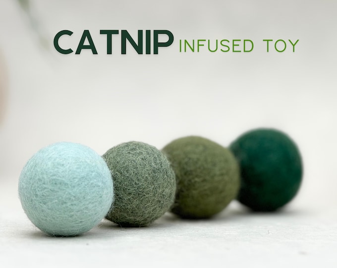 Eco friendly felt cat toy balls infused with catnip - reusable tin set and refillable, natural catnip toy