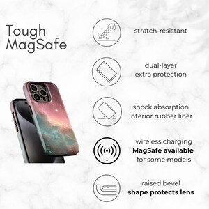 The image is an advertisement for a phone case that is described as "Tough MagSafe" and "raised bevel shape protects lens". It features a phone case with a galaxy design and highlights its features such as "stretch-resistant", "dual-layer extra protection", "shock absorption interior rubber liner", "wireless charging MagSafe available for some models", and "raised bevel shape protects lens".