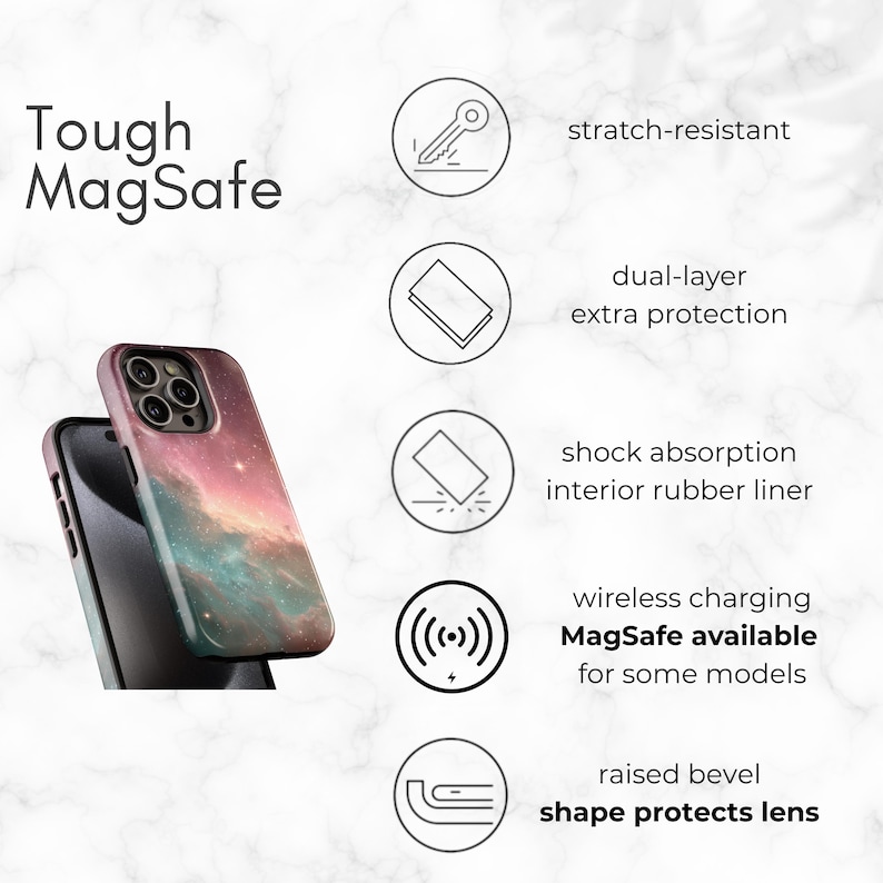 The image is an advertisement for a phone case that is described as "Tough MagSafe" and "raised bevel shape protects lens". It features a phone case with a galaxy design and highlights its features such as "stretch-resistant", "dual-layer extra protection", "shock absorption interior rubber liner", "wireless charging MagSafe available for some models", and "raised bevel shape protects lens".