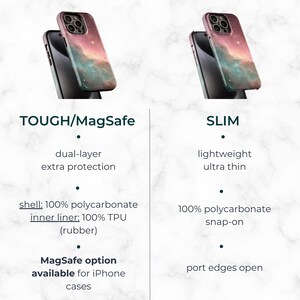two different types of phone cases, one with a colorful galaxy design and the other with a slim design. The text provides information about the features and options available for each phone case type.