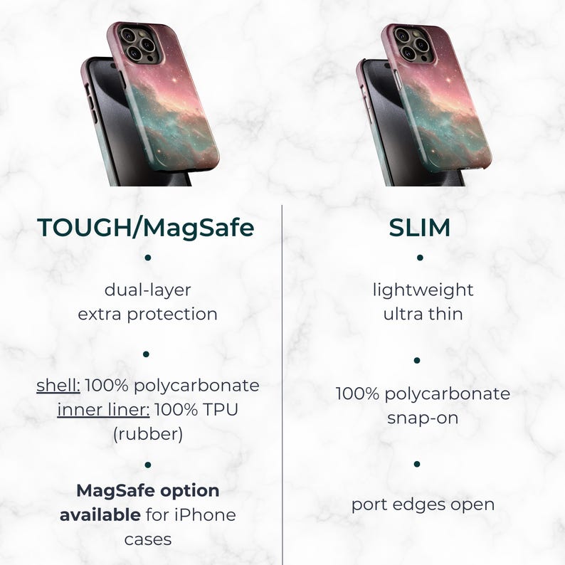 two different types of phone cases, one with a colorful galaxy design and the other with a slim design. The text provides information about the features and options available for each phone case type.