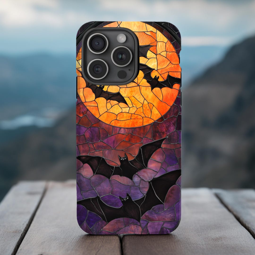 Halloween Bats Stained Glass Phone Case Spooky Purple Halloween Phone