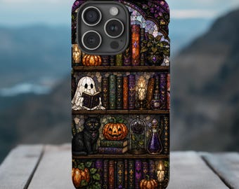 Stained Glass Halloween Bookshelf Phone Case|iPhone, Galaxy, Pixel