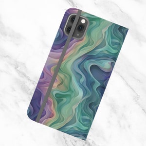 Funda para teléfono con billetera de cuero vegano colorido, funda con tapa ondulada, estilo retro con remolino azul, morado, bohemio, degradado, funda tipo folio colorida, billetera elegante