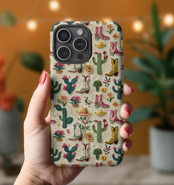 Western Phone Case| Embroidered Cowgirl Phone Case|iPhone 16 Case Cowgirl|Faux Embroidery|iPhone 16 MagSafe 15 14 Plus Pro Max 13 pixel 9 8