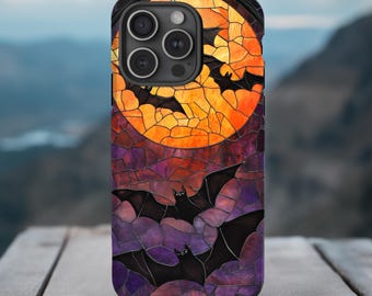 Halloween Bats Stained Glass Phone Case|Spooky Purple Halloween Cover|iPhone, Galaxy, Pixel