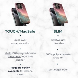 two different types of phone cases, one with a colorful galaxy design and the other with a slim design. The text provides information about the features and options available for each phone case type.