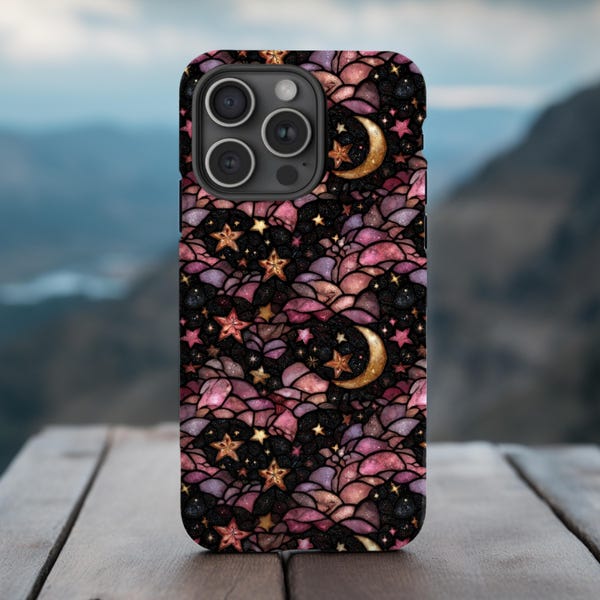 Funda para teléfono con diseño celestial de vidrieras/Funda para teléfono con lunas rosas/iPhone 17 16 16e 15 14 Plus Pro Max 13/Opción MagSafe/Galaxy S25 S24 S23/Pixel 10