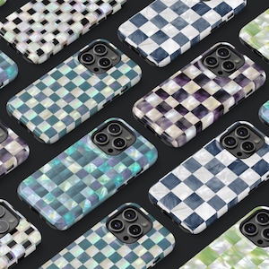 Opalescent Checkers Phone Case| Green and Pearl Iridescent|iPhone, Galaxy, Pixel
