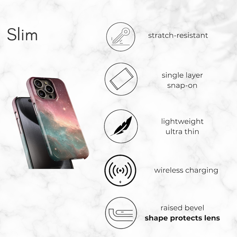 a smartphone case with a galaxy-themed design, highlighting its slim and stretch-resistant features, single layer snap-on design, lightweight ultra thin material, wireless charging capability, and raised bevel shape that protects the lens.