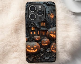 May include: A black phone case featuring a Halloween scene with a haunted house, glowing jack-o'-lanterns, and a dark forest backdrop. The case has a matte finish and a raised design, perfect for the spooky season.