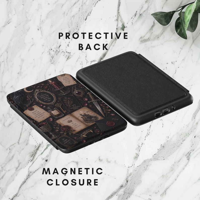 May include: A black e-reader case featuring a dark, intricate pattern of vintage mirrors, candles, keys, and open books on the front cover. The back of the case is solid black with a textured finish. The case includes a magnetic closure mechanism.