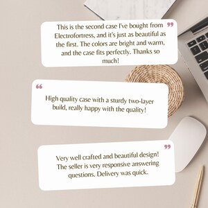 three positive reviews of a product, specifically a high-quality case with a sturdy two-layer build, which the seller is very responsive and quick to deliver.