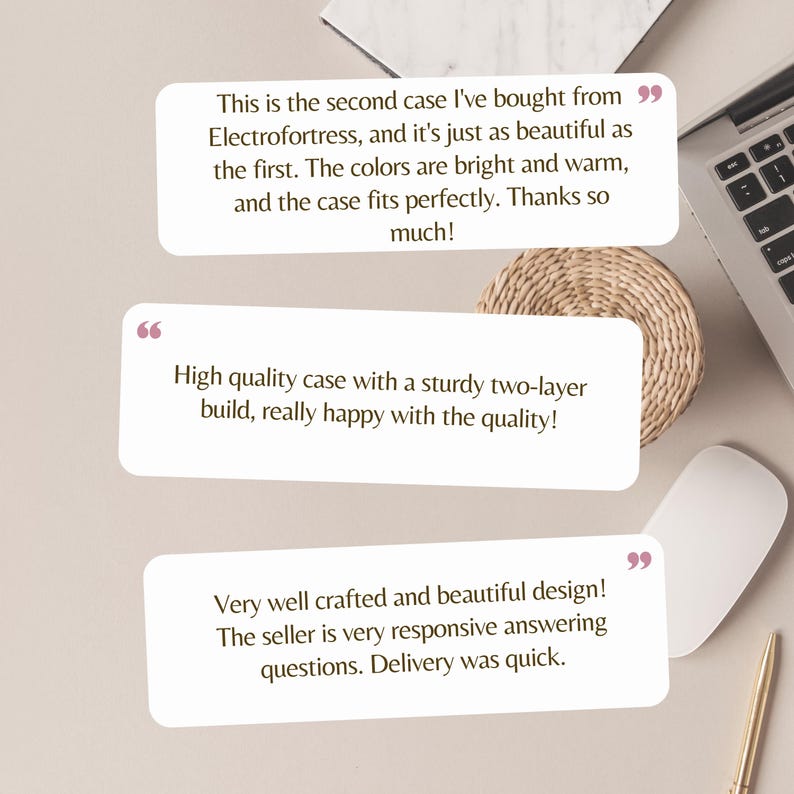 three positive reviews of a product, specifically a high-quality case with a sturdy two-layer build, which the seller is very responsive and quick to deliver.