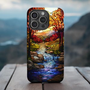 Stained Glass Autumn Waterfall Phone Case | Nature Landscape iPhone, Galaxy, Pixel Protection