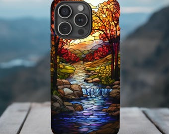 Stained Glass Autumn Waterfall Phone Case | Nature Landscape iPhone, Galaxy, Pixel Protection