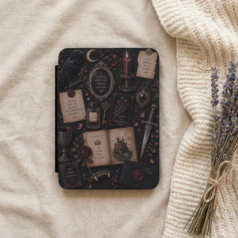 May include: A black e-reader case featuring a dark, intricate collage of a raven, a burning candle, a dagger, a goblet, an open book with a castle illustration, a key, a perfume bottle, and wax-sealed letters with various romantic and gothic text.