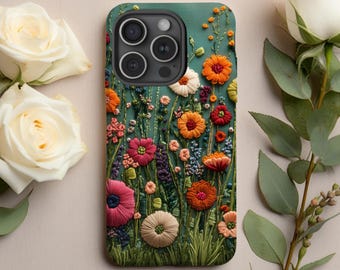 Embroidery-Style Flowers Phone Case| iPhone, Galaxy, Pixel|MagSafe Option