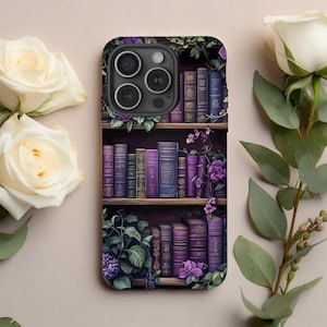 Purple Bookshelf Phone Case | Cottagecore Floral Design|iPhone, Galaxy, Pixel
