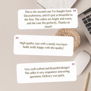 three positive reviews of a product, specifically a high-quality case with a sturdy two-layer build, which the seller is very responsive and quick to deliver.