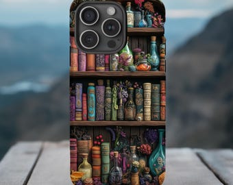 Witch Bookshelf Phone Case: 3D Embroidery Style (iPhone, Galaxy, Pixel Models)