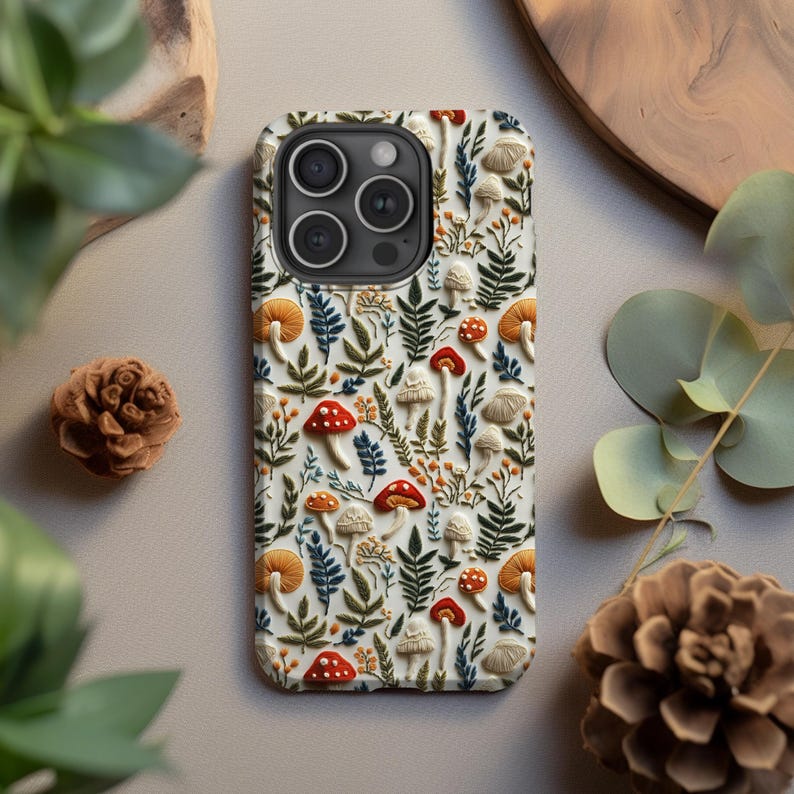 Mushroom Botanical Phone Case | Cottagecore Nature Design (MagSafe Compatible) afbeelding 1