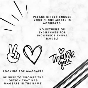 a message about ensuring the accuracy of a phone model, along with a peace sign, a heart, and a "Thank you" message. The message also mentions Magsafe and encourages the viewer to choose the option that has Magsafe in the name.