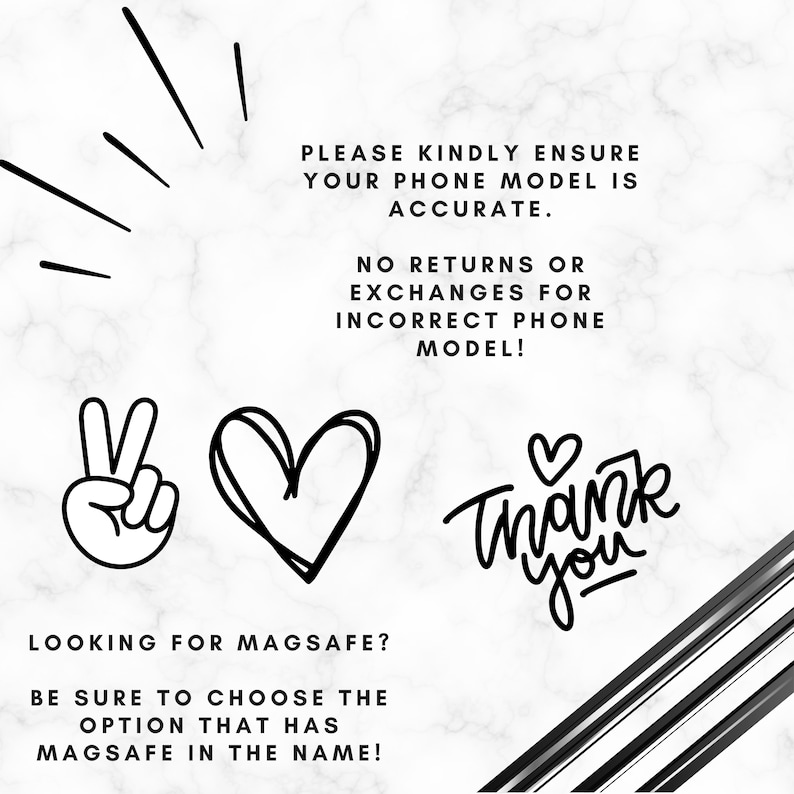 a message about ensuring the accuracy of a phone model, along with a peace sign, a heart, and a "Thank you" message. The message also mentions Magsafe and encourages the viewer to choose the option that has Magsafe in the name.