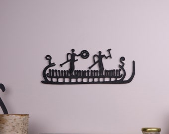 Nordic Drakkar Ship Wood Decor: Bronze Age Warrior Petroglyph Wall Art