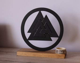 Wooden Valknut Desk Decor: Norse Viking Symbol Statue