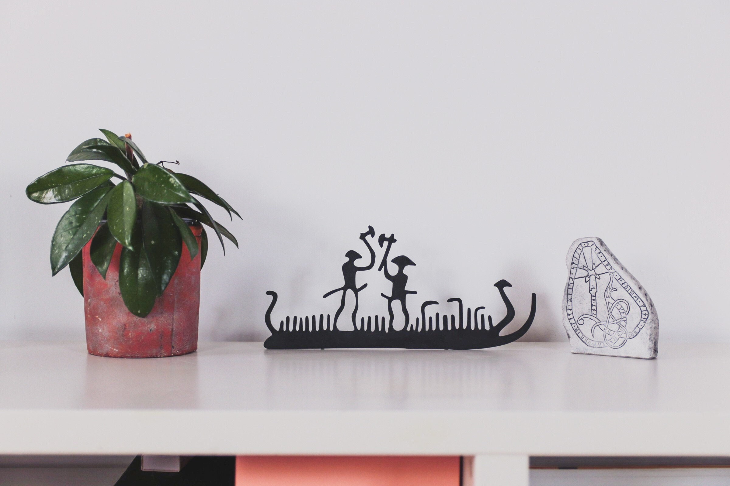Norse Bronze Age Ship Wood Decor: Nordic Petroglyph Drakkar Wall Art
