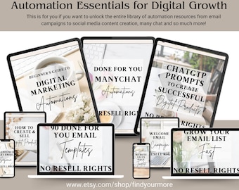 May include: A collection of digital marketing resources, including email templates, chat automations, and ChatGPT prompts to create successful digital products. The resources are displayed on computer screens and laptops with a white background.