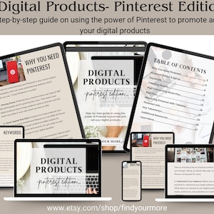 Op de afbeelding: Een digitale productgids over het gebruik van Pinterest om digitale producten te promoten en te verkopen. De gids bevat een inhoudsopgave, een sectie over waarom je Pinterest nodig hebt en een sectie over het maken van borden. De gids heeft de titel "Digitale producten - Pinterest-editie".