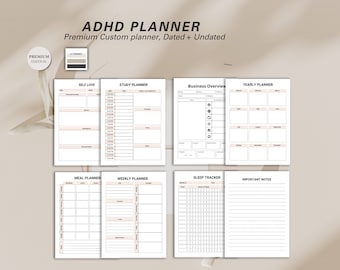 May include: A printable ADHD planner with sections for self-love, study, business overview, yearly planning, meal planning, weekly planning, sleep tracking, and important notes. The planner is in a minimalist style with black text on a white background.