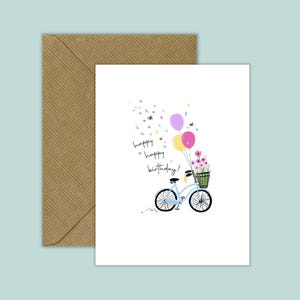 Afdrukbare notitiekaarten - Leuke fiets met ballonnen, verjaardagskaart, origineel, leuk, van grappig en gek tot charmant en hartverwarmend
