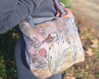 Handmade felted handbag, embroidered bird and flower shoulder bag, designer purse bag, useful everyday tote bag, special ocassion unique bag