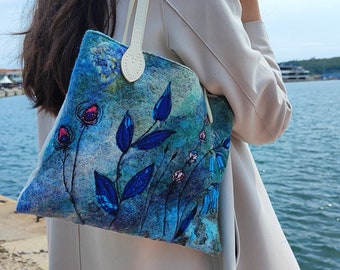 Handmade felted handbag, embroidered flowers shoulder bag, designer purse bag, useful everyday tote bag, special ocassion unique  blue bag
