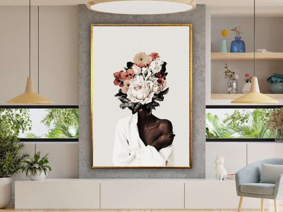 Floral Head Woman Canvas Wall Art, Black Woman Head Flowers Wall Art ...