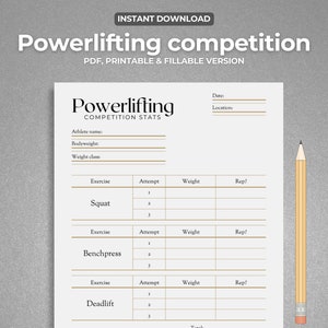 May include: Printable powerlifting competition log sheet with sections for athlete name, bodyweight, weight class, date, location, exercise, attempt, weight, reps, total, and ranking. There is also a notes section at the bottom.