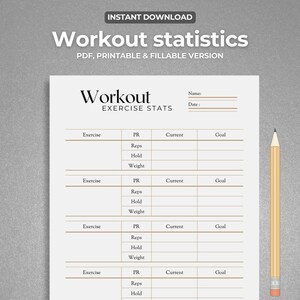 Workout exercise stats tracker. Exercise Personal Record (PR) tracker. Instant download, fillable version included
