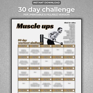 Op de afbeelding: Een afdrukbare 30-daagse workout challenge met de titel "Muscle ups". De PDF is een invulbare versie. De afbeelding toont een man die traint met een voorhamer. Rechts staat een potlood.